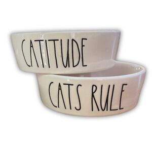 Rae Dunn Cat Bowls Set 2 Catitude Cats Rule White Ceramic Pet Food Dishes Bowl